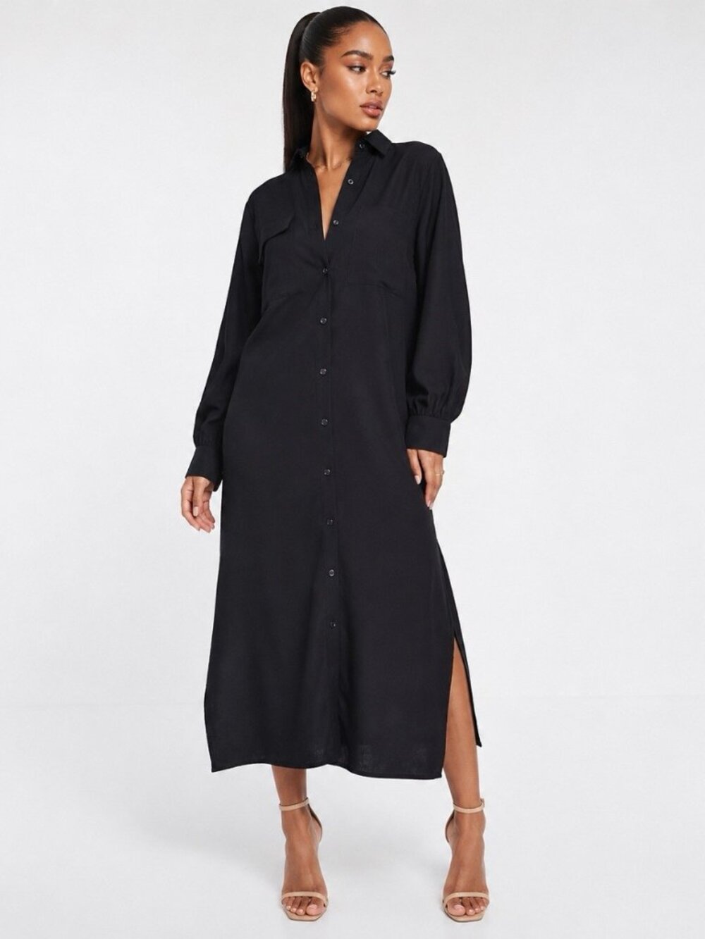 ASOS DESIGN Size 0 Black Oversized casual Cotton Hemp Midi Maxi shirt dress NWT